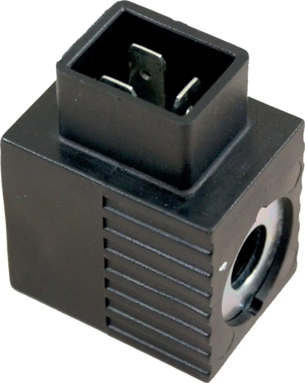 Schwarze Spule für Magnetventil, mit quadratischem Anschluss und seitlichem Eingang, geeignet für Anwendungen wie die von Wolf.